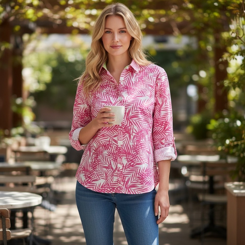 Wms Foxcroft Wrinkle Free Tropical Button Down Shirt 6 Pink Palm Leaf Shaped Fit